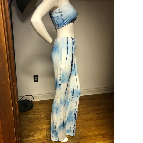 Tie Dye Rainbow sky blue white Bandeau Bikini crop top pants suit stretchy - Picture 2 of 3